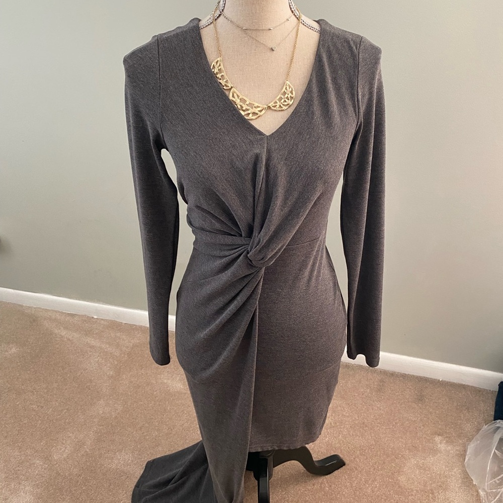 Love Riche Charcoal Twist-Front Long Sleeve V-Neck Dress